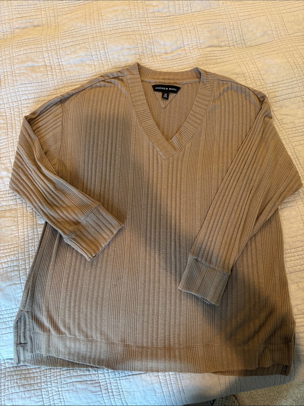 Andrew Marc Men's V-Neck Ribbed Sweater in Tan